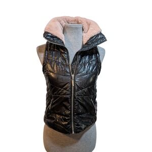 JouJou Women M Black Pink Faux Fur Collar Puffer Vest Whimsy Grunge Indie Sleeze